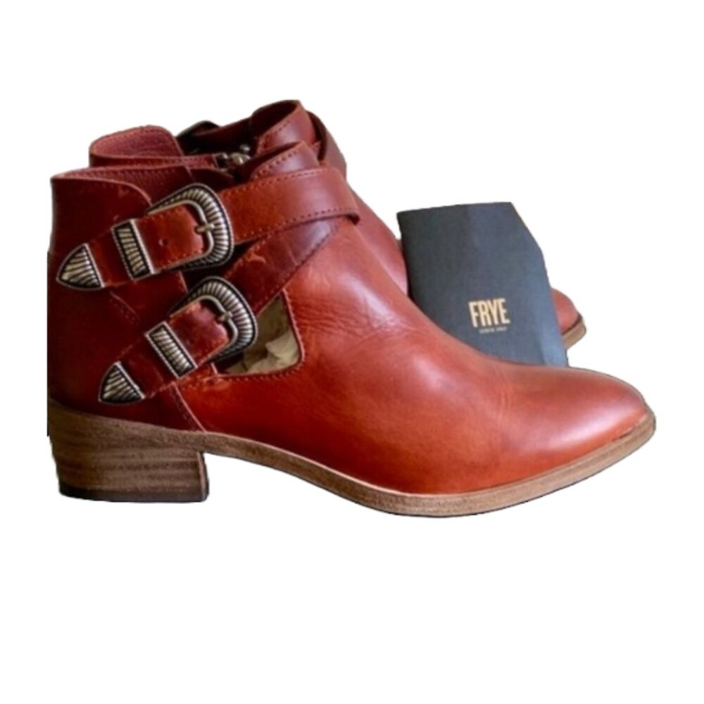 NWT FRYE Women's Ray Red Clay Leather Western Buckle Ankle Boots Sz 5.5 - Picture 5 of 9